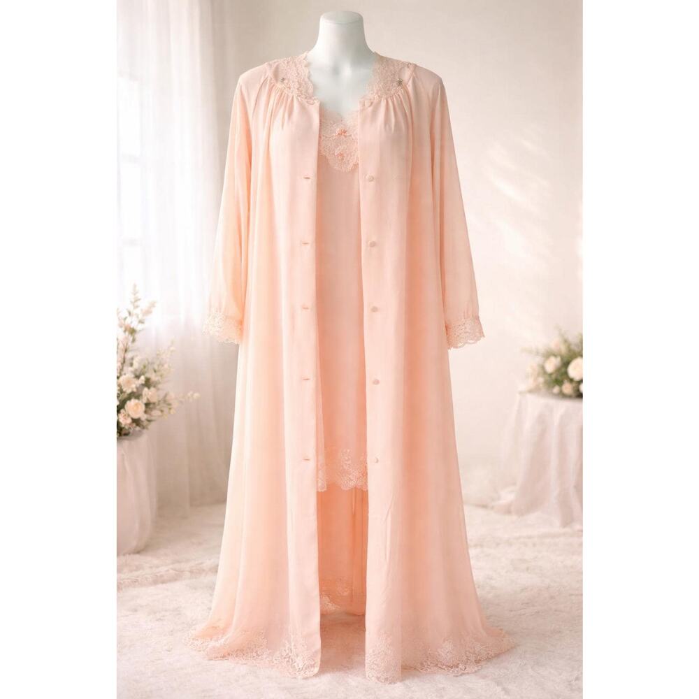 Vintage Shadowline Peignoir Set | Pink Nylon Robe & Nightgown | Lace Trim Sz S